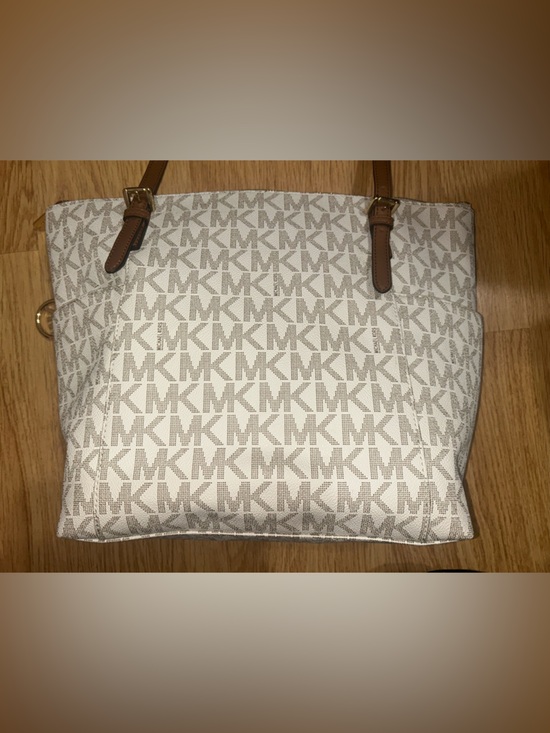 Michael Kors Cream Monogram Tote with Brown Leather Trim - Picture 2 of 5